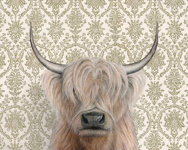 Framed art print of a Highland cow on an ornate patterned background