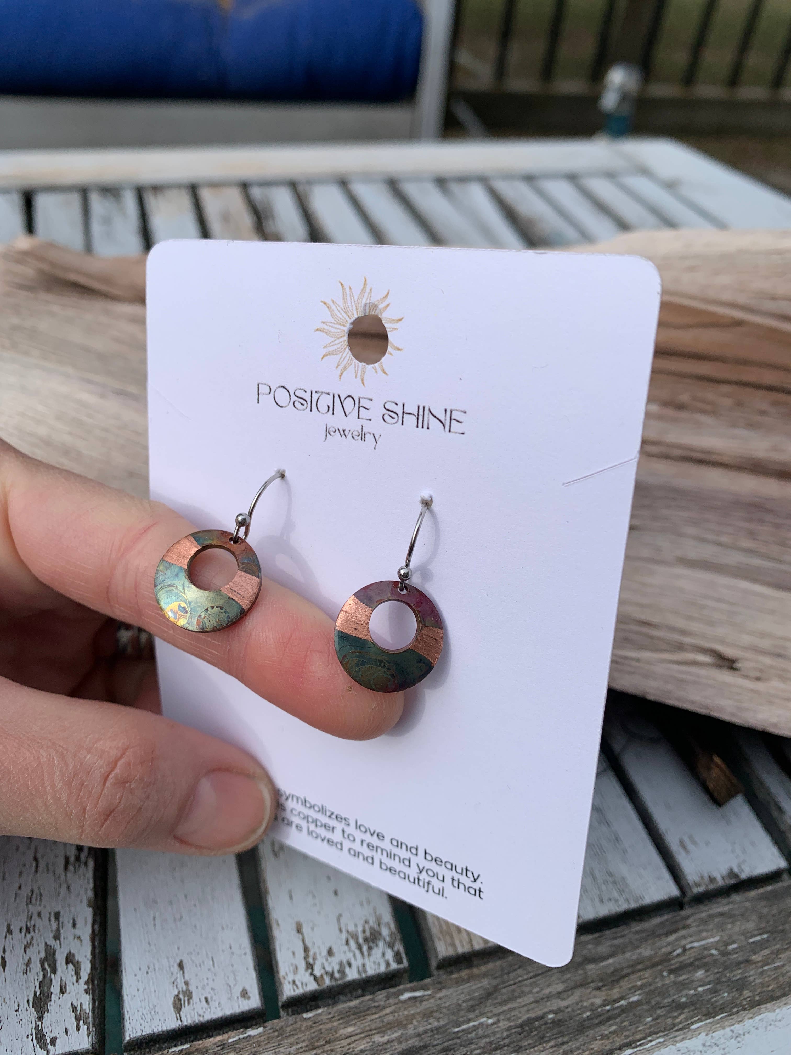 Small circle fire painted copper earrings
