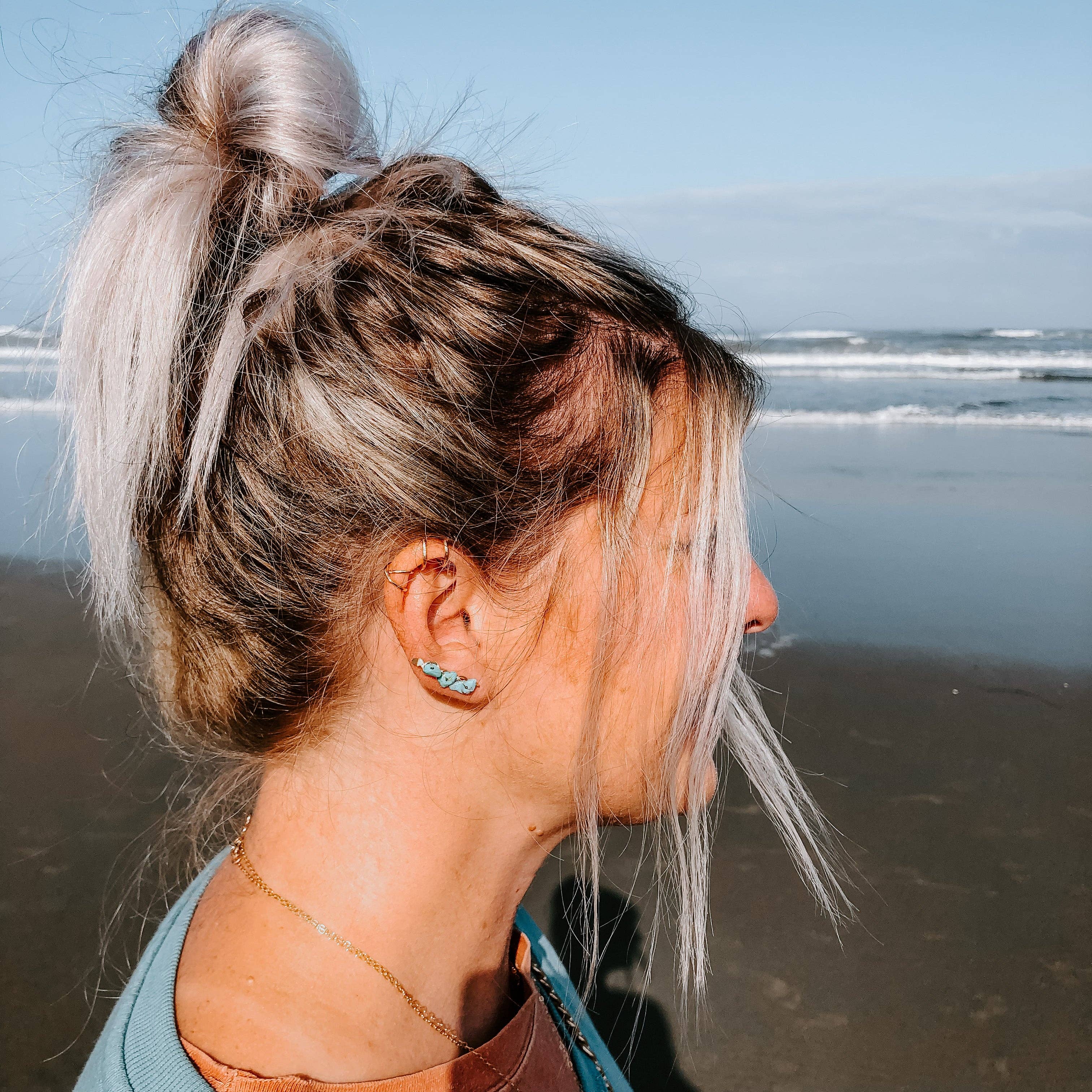 Perfectly shaped Kingman Turquoise Ear Climbers - your new secret weapon for turning heads!