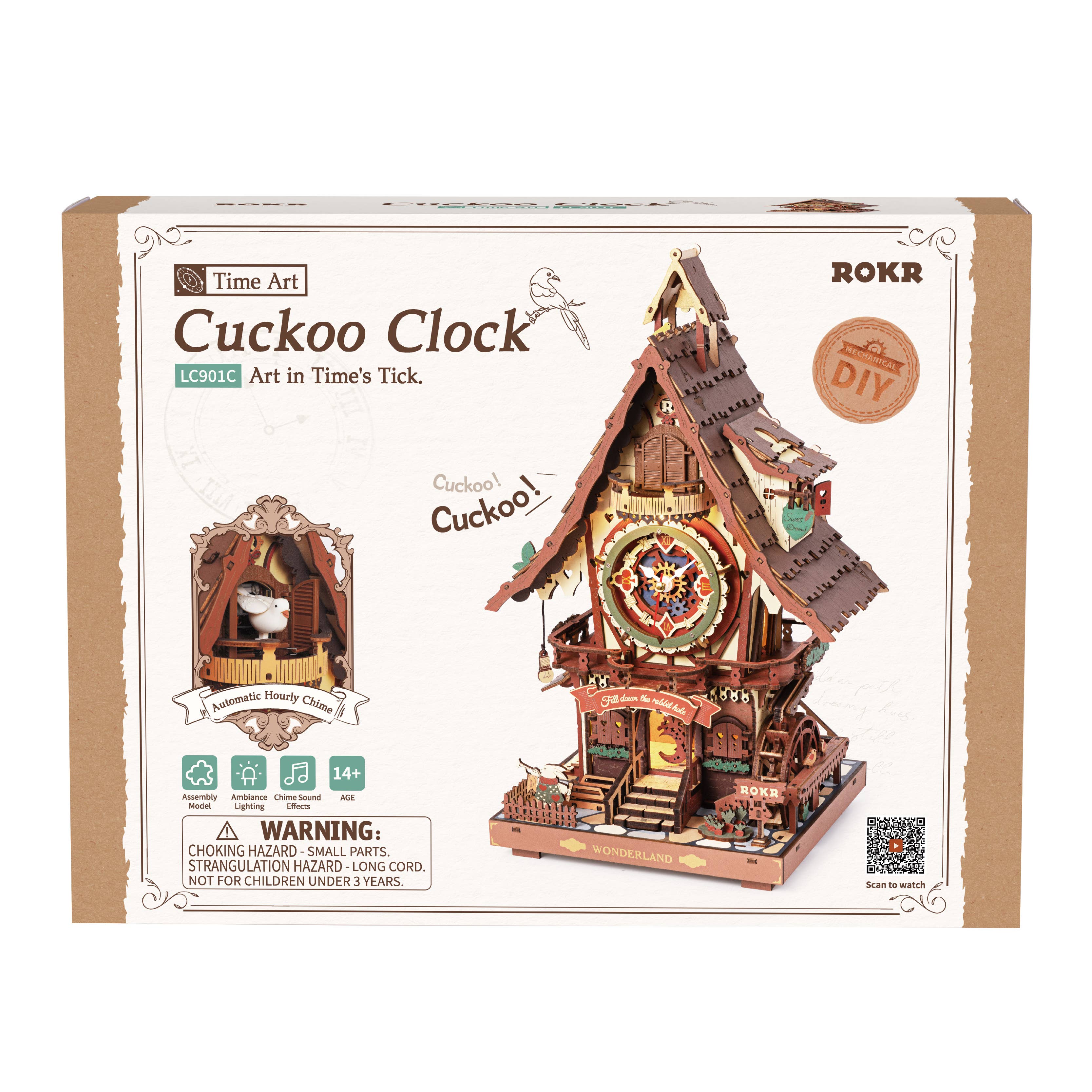 Packaging for the Cuckoo Clock DIY Wooden Puzzle by Hands Craft, featuring detailed instructions and warning labels, highlighting its creative DIY nature and suitable age for assembly.