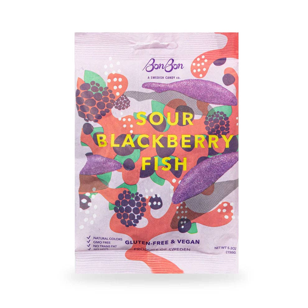 BonBon's Sour Blackberry Fish 150g - Colorful and delicious Swedish candy inspired by homemade blackberry jam, perfect for summer snacking. Vegan, gluten-free, and gelatin-free.
