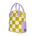 Checkered lunch bag with purple handles and trim 