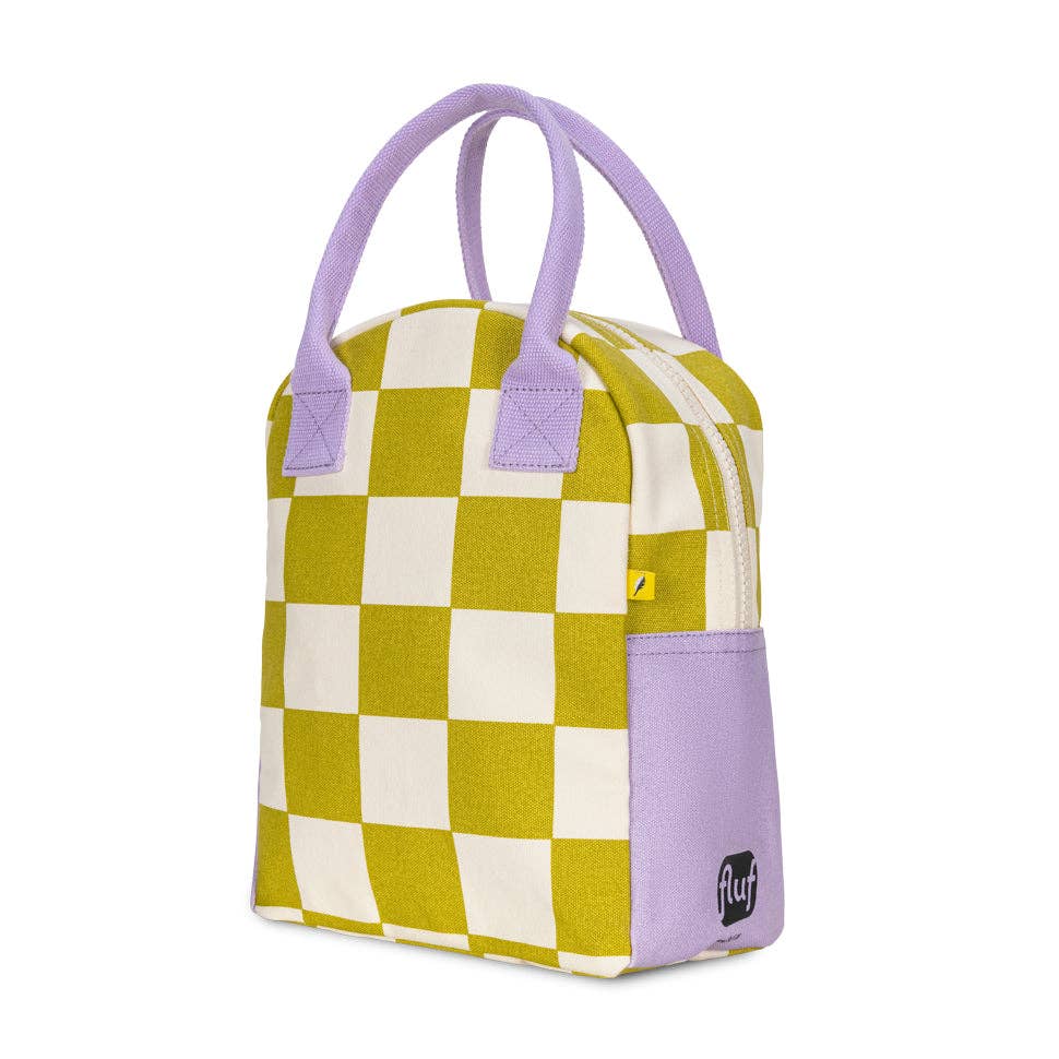 Checkered lunch bag with purple handles and trim 