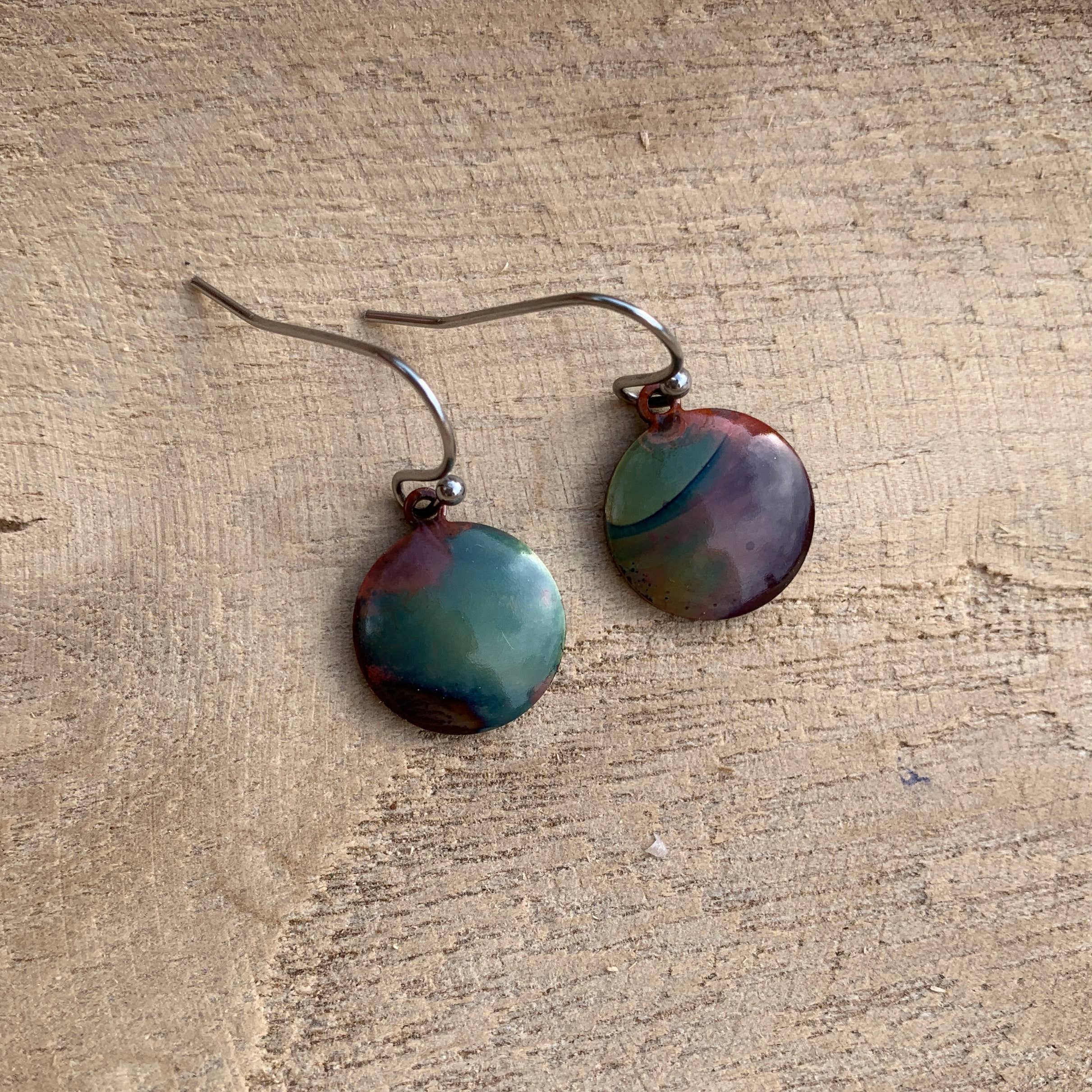 Small Round Fire Painted Copper Earrings