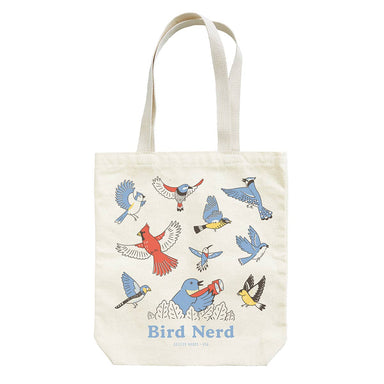 Bird Nerd Tote by Seltzer Goods featuring a whimsical illustration of various birds, perfect for birdwatching enthusiasts and nature lovers.