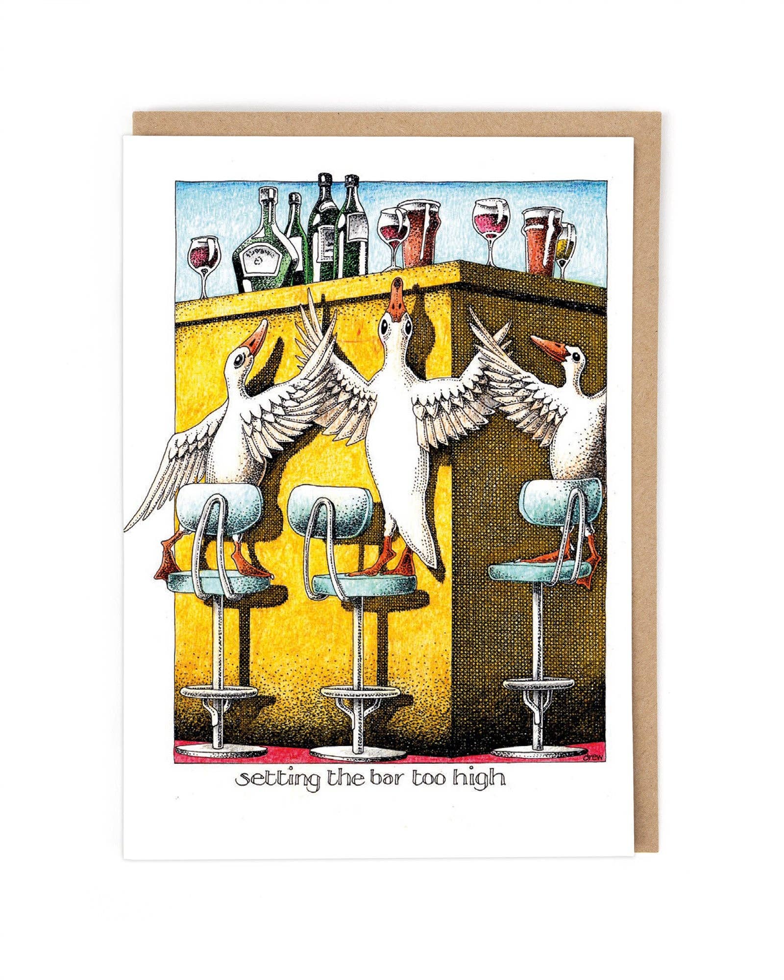Funny card titled 'Bar Too High' featuring quirky animal illustrations, perfect for birthday celebrations or a drink with friends, designed by Simon Drew, printed on recycled quality board.