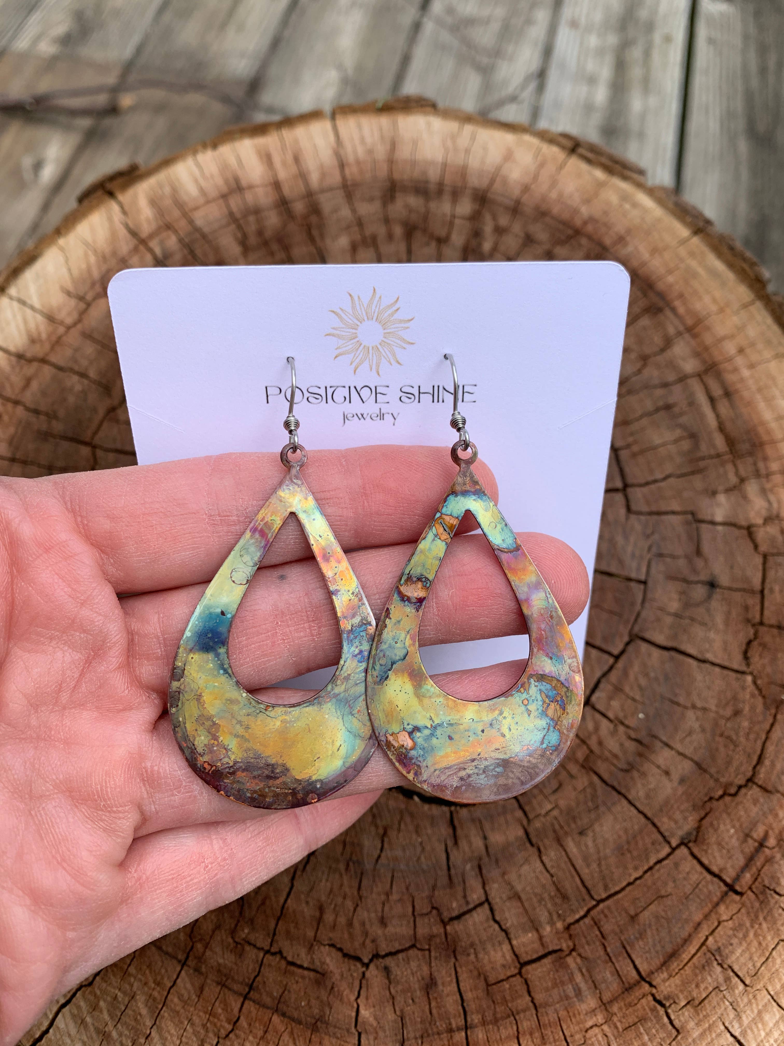 Boho Large Open Teardrop Fire Painted Copper Earrings showcasing vibrant colors and unique patterns, ideal for lovers of artistic jewelry.