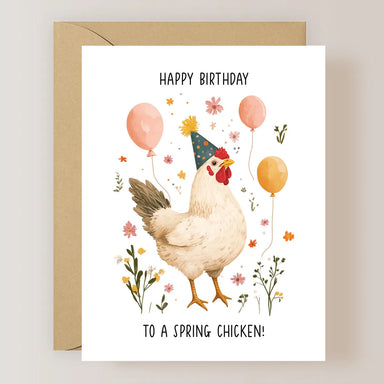 Firefly Paper Studio Card Collection featuring a whimsical birthday card with a chicken wearing a party hat, surrounded by balloons and flowers, perfect for spring birthdays.