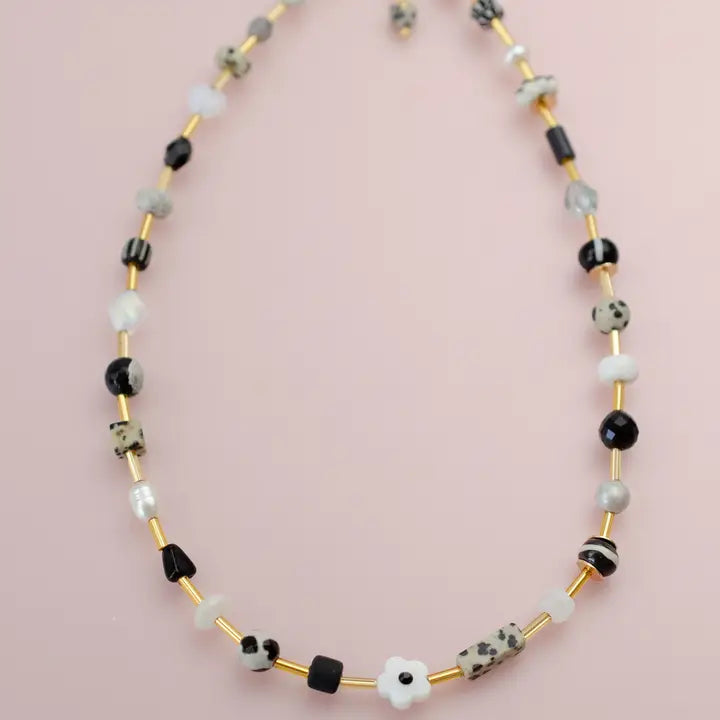 Gold, Black and White Beaded Gemstone necklace