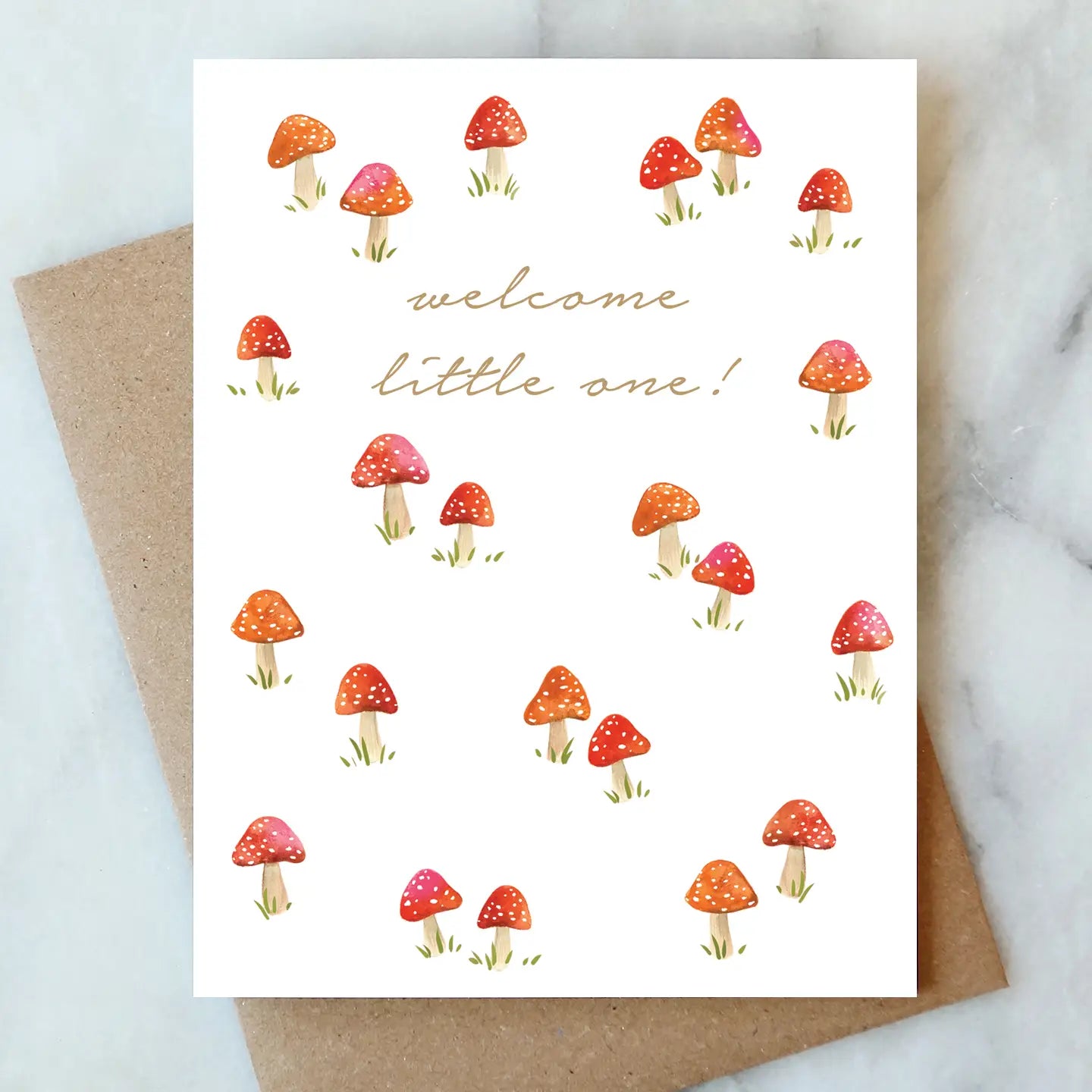 Welcome baby card adorned with charming hand-painted mushrooms, featuring the message 'welcome little one!' by Abigail Jayne Design from the Abigail Jayne Card Collection.