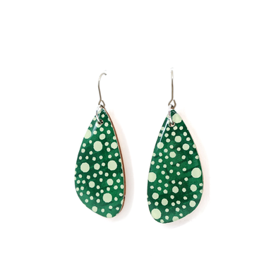 Polka dot Japanese Chiyogami wooden earrings in deep green, featuring a unique design and nickel-free titanium wire hooks, perfect for sensitive ears.