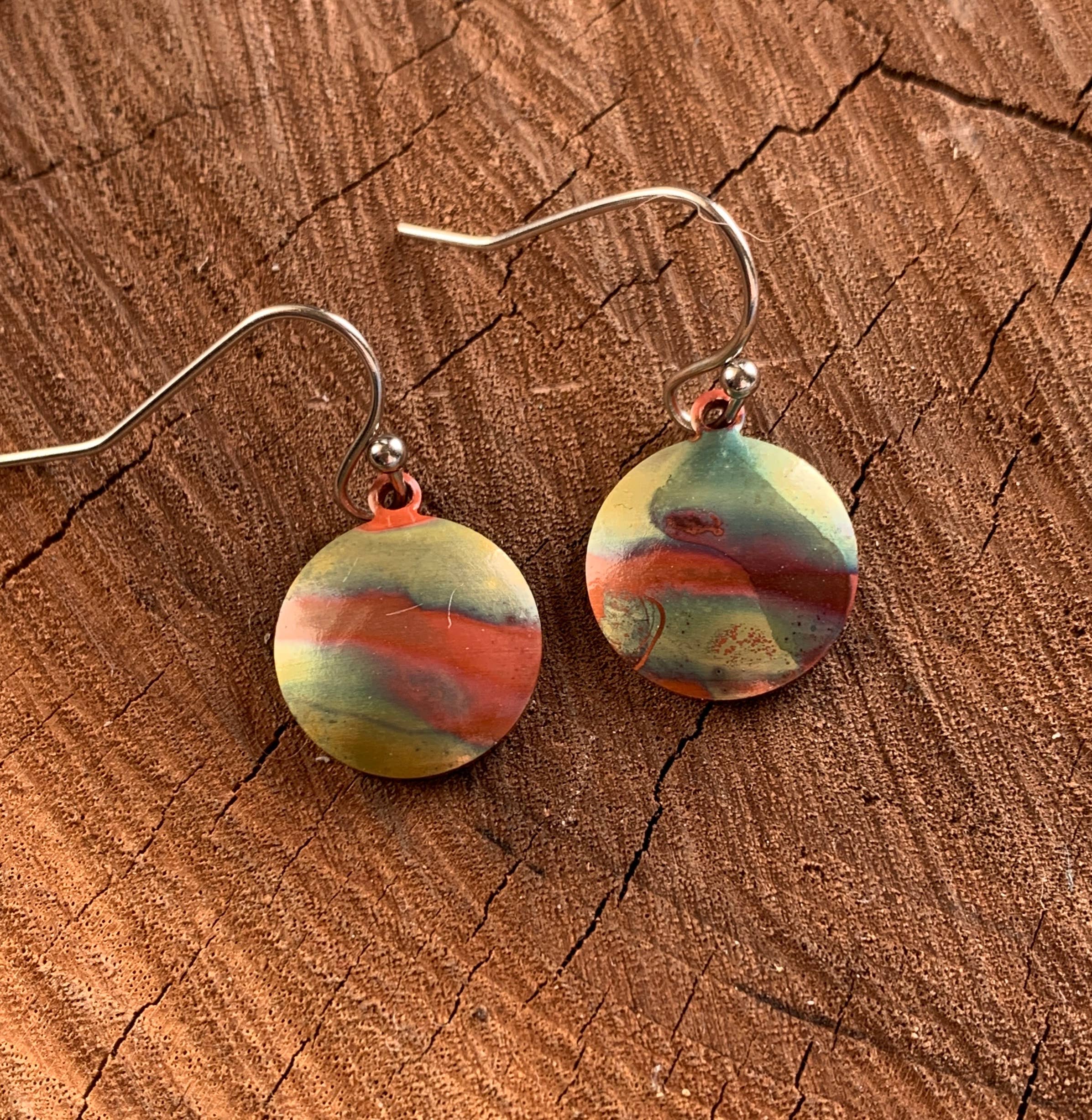 Small Round Fire Painted Copper Earrings