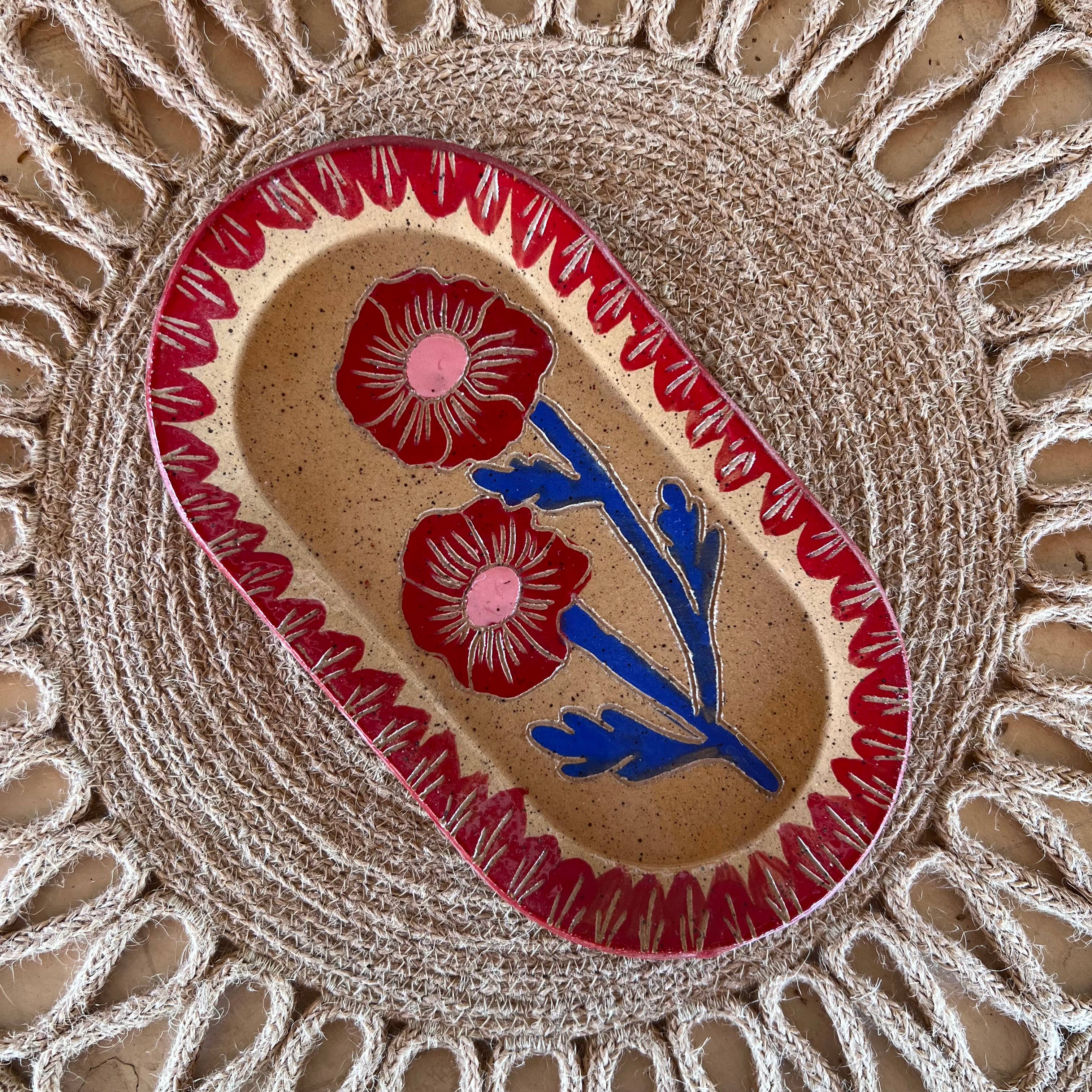 Handmade Red & Blue Blossom Sgraffito Dish by Tough Kitty Designs, featuring intricate floral patterns against a speckled background, ideal for jewelry or decorative use.