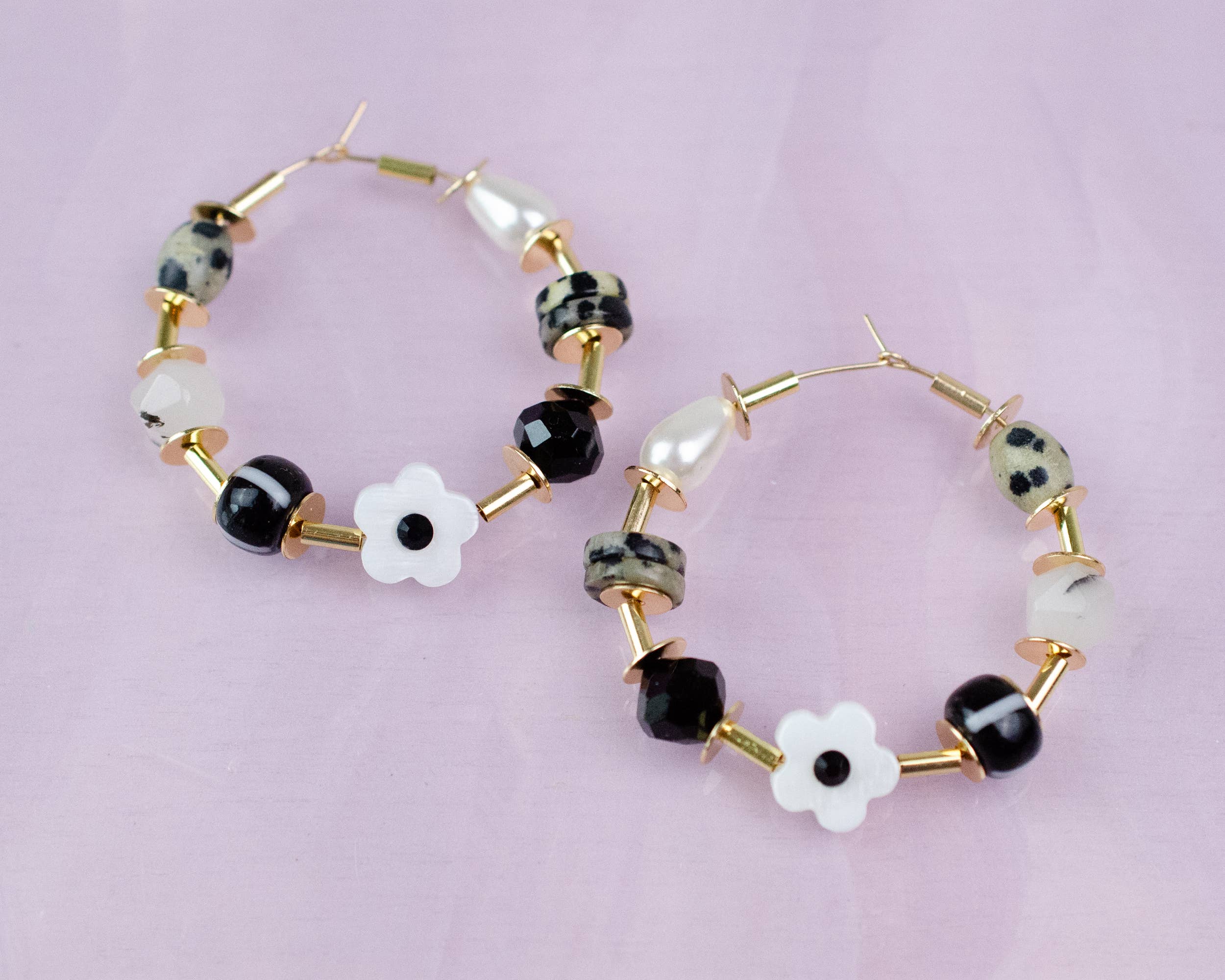 Black and White Beaded Hoop Earings