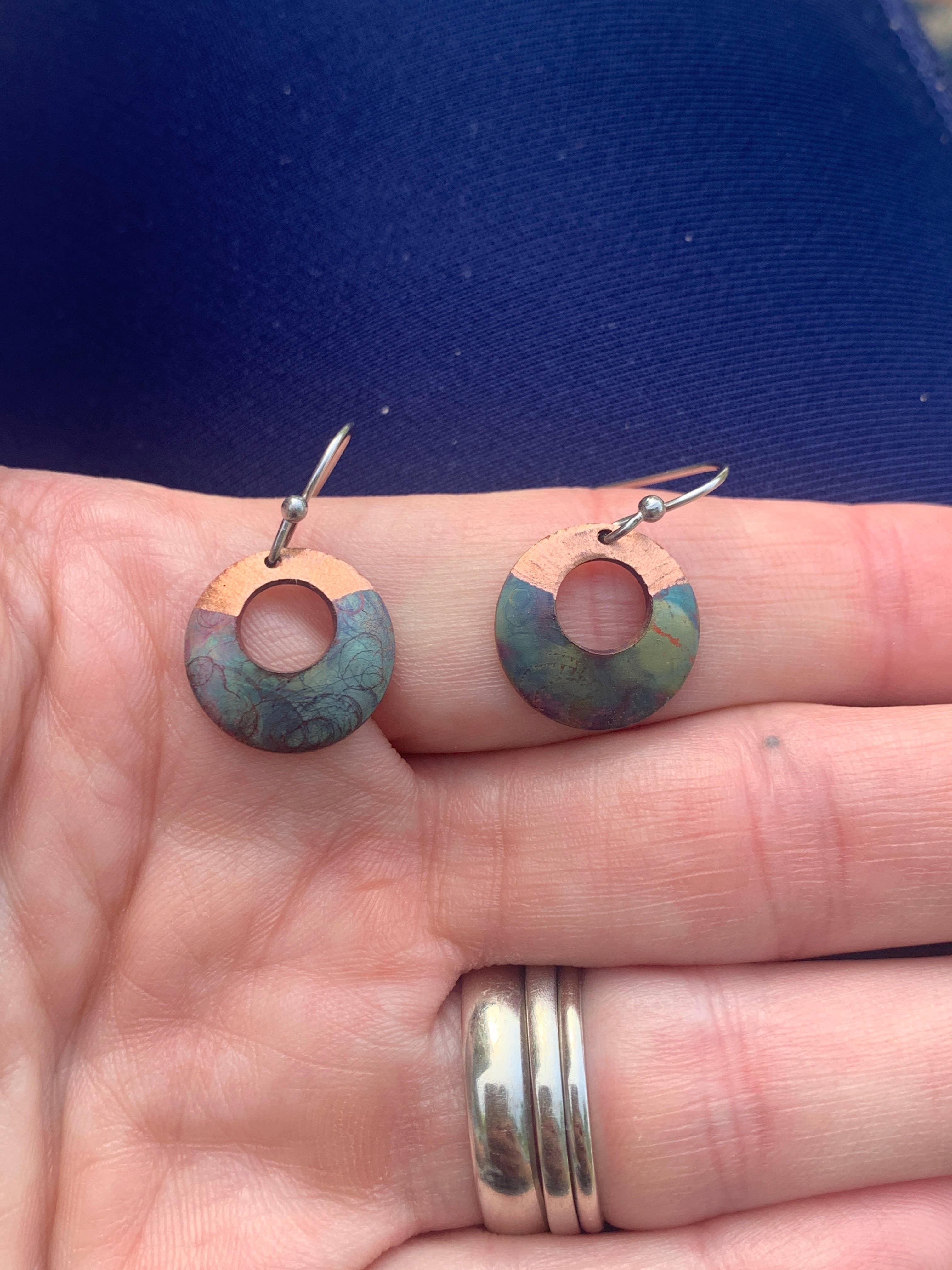 Small circle fire painted copper earrings