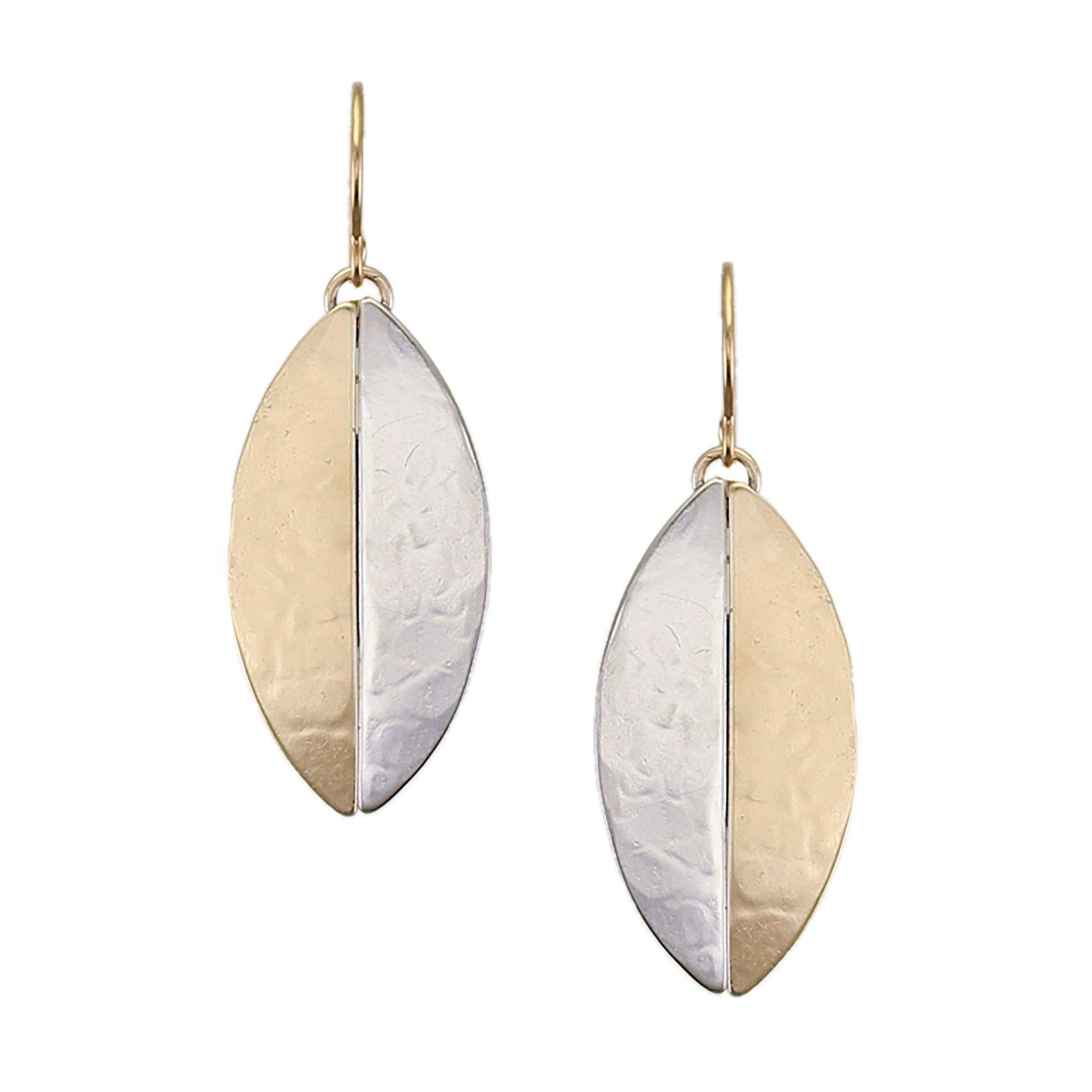 Half and Half Thin Oval Wire Earrings by Marjorie Baer - elegant two-tone wire earrings made of brass and silver, dimensions 0.6 inches x 1.3 inches.