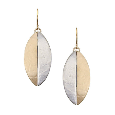 Half and Half Thin Oval Wire Earrings by Marjorie Baer - elegant two-tone wire earrings made of brass and silver, dimensions 0.6 inches x 1.3 inches.
