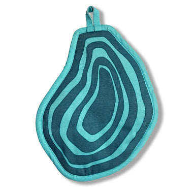 Oyster Pot Holder w/ Pocket showcasing its playful oyster shape and vibrant artwork, designed for safely handling hot cookware.