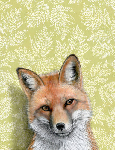 Framed art print of a fox on a patterned background.