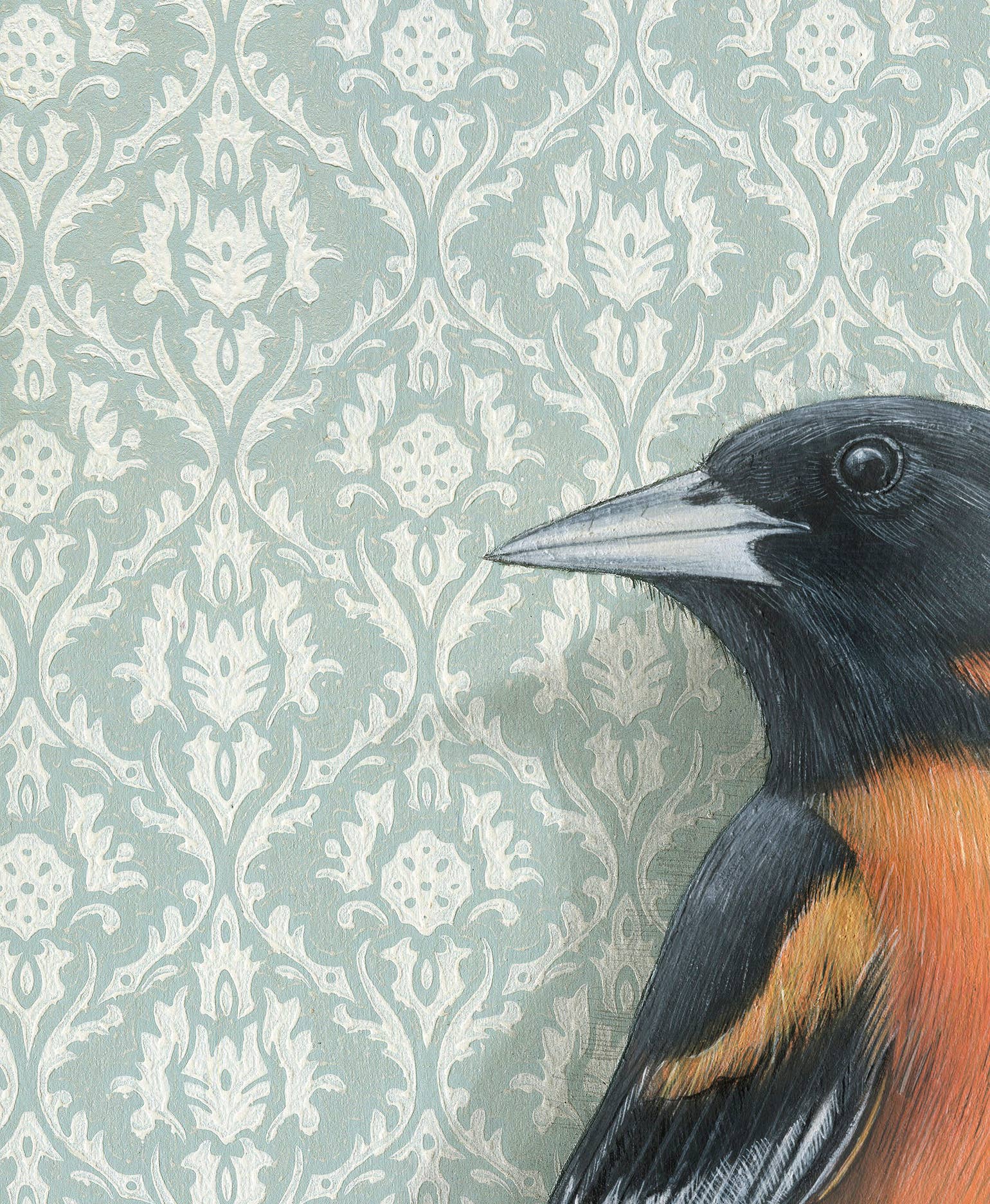 Framed art print of a Baltimore oriole on a patterned background.