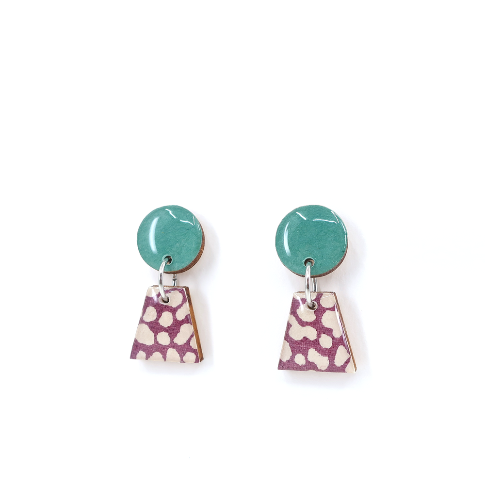 Beautiful green and purple geometric titanium small drop earrings made with Japanese Chiyogami, featuring trapezoid and circle shapes, perfect for sensitive ears.