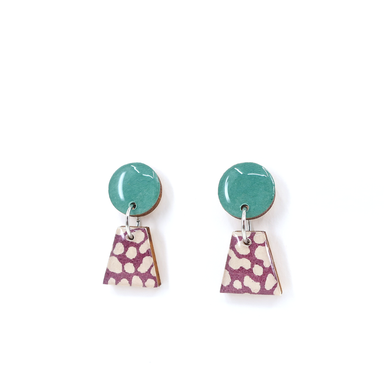 Beautiful green and purple geometric titanium small drop earrings made with Japanese Chiyogami, featuring trapezoid and circle shapes, perfect for sensitive ears.