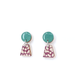 Beautiful green and purple geometric titanium small drop earrings made with Japanese Chiyogami, featuring trapezoid and circle shapes, perfect for sensitive ears.