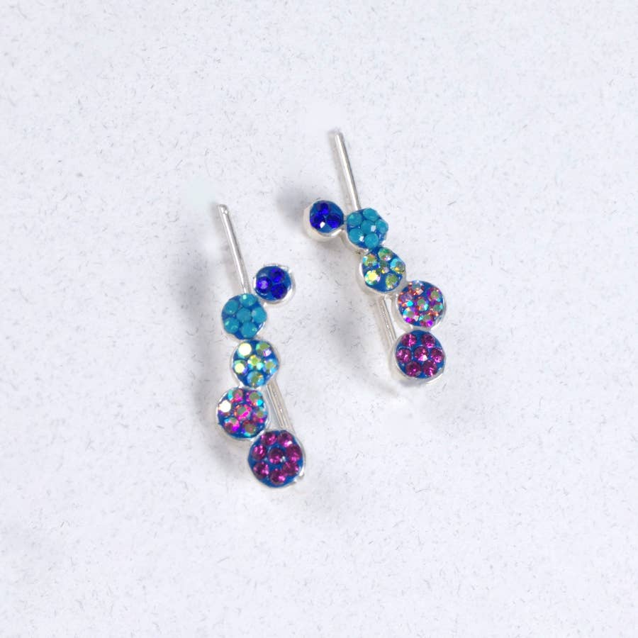 Vibrant Falling Circles Earrings by Mosaico Jewels, featuring blue and purple sparkly elements on a silver base.