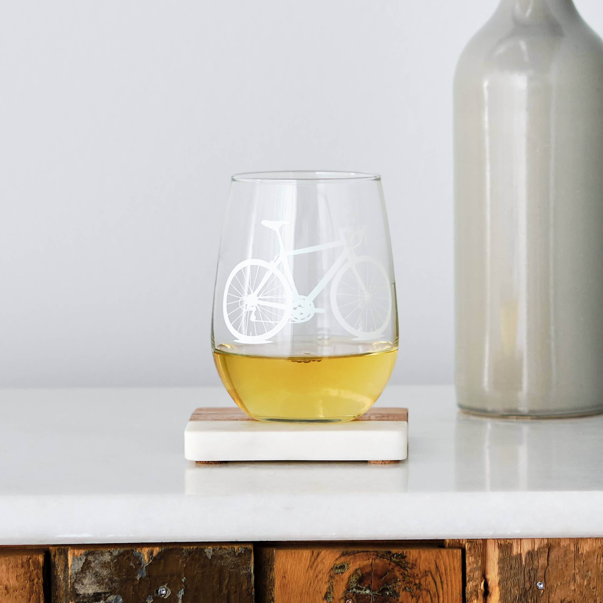 wine glass with white bicycle print