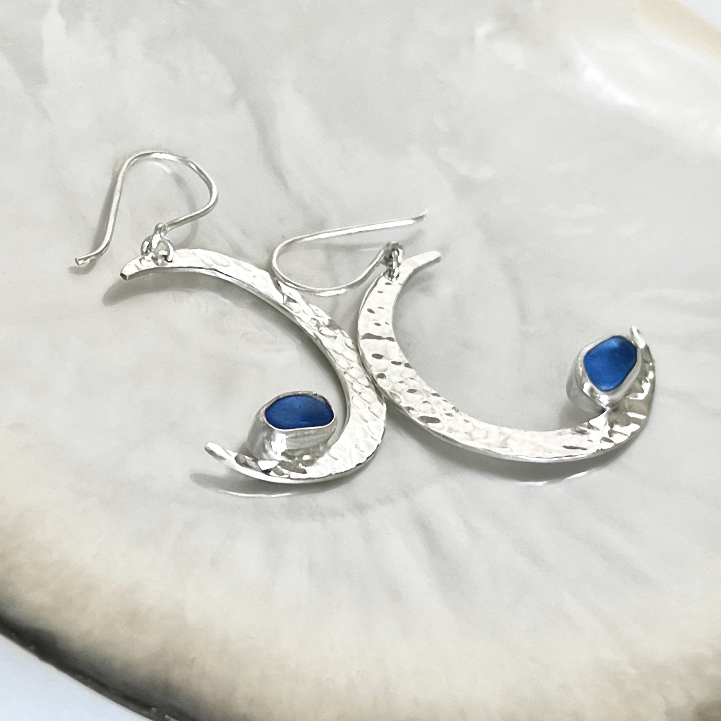 blue Sea glass earrings with crescent silver earrings