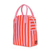 Red and pink striped lunch bag with a visible brand logo