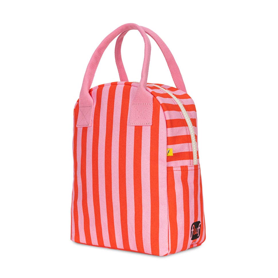 Red and pink striped lunch bag with a visible brand logo