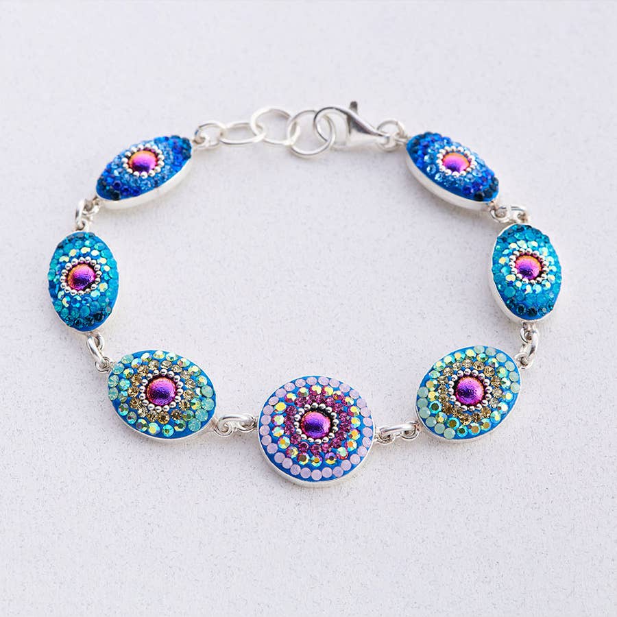 Edgeless Bracelet by Mosaico Jewels featuring colorful round embellishments on a silver chain, designed for a modern and stylish look.