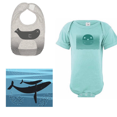 Doug Ross Baby Bundle featuring a whale and calf card, Sea Love onesie, and Zen Seal bib, perfect for ocean-themed gifting and baby essentials.