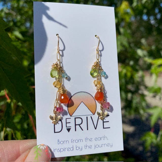 Wildflower Earrings featuring colorful gems and a tiny bee charm, ready to make your lobes buzz with joy!