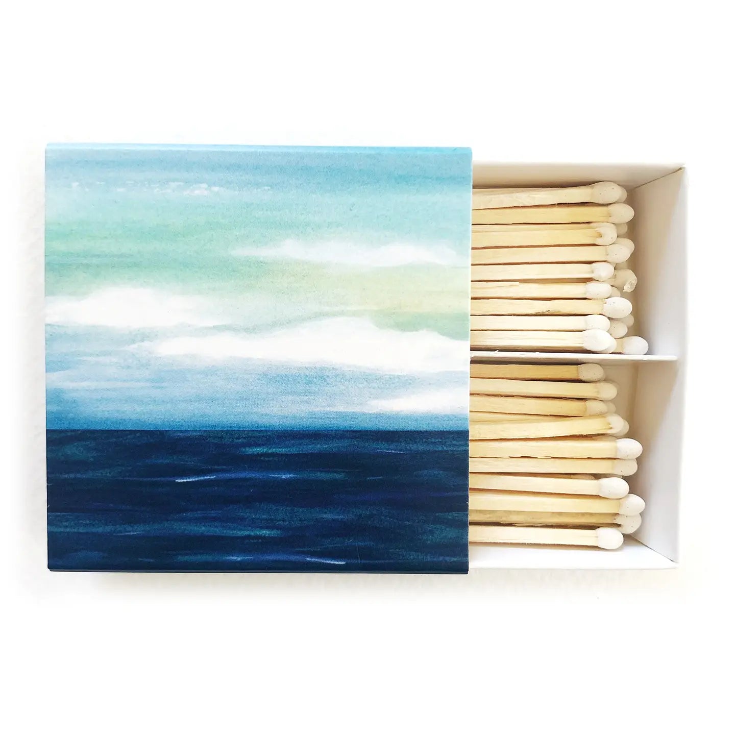 Celebration Candle Matches with a watercolor ocean landscape design by Abigail Jayne Design. Ideal for beach lovers and special occasions.