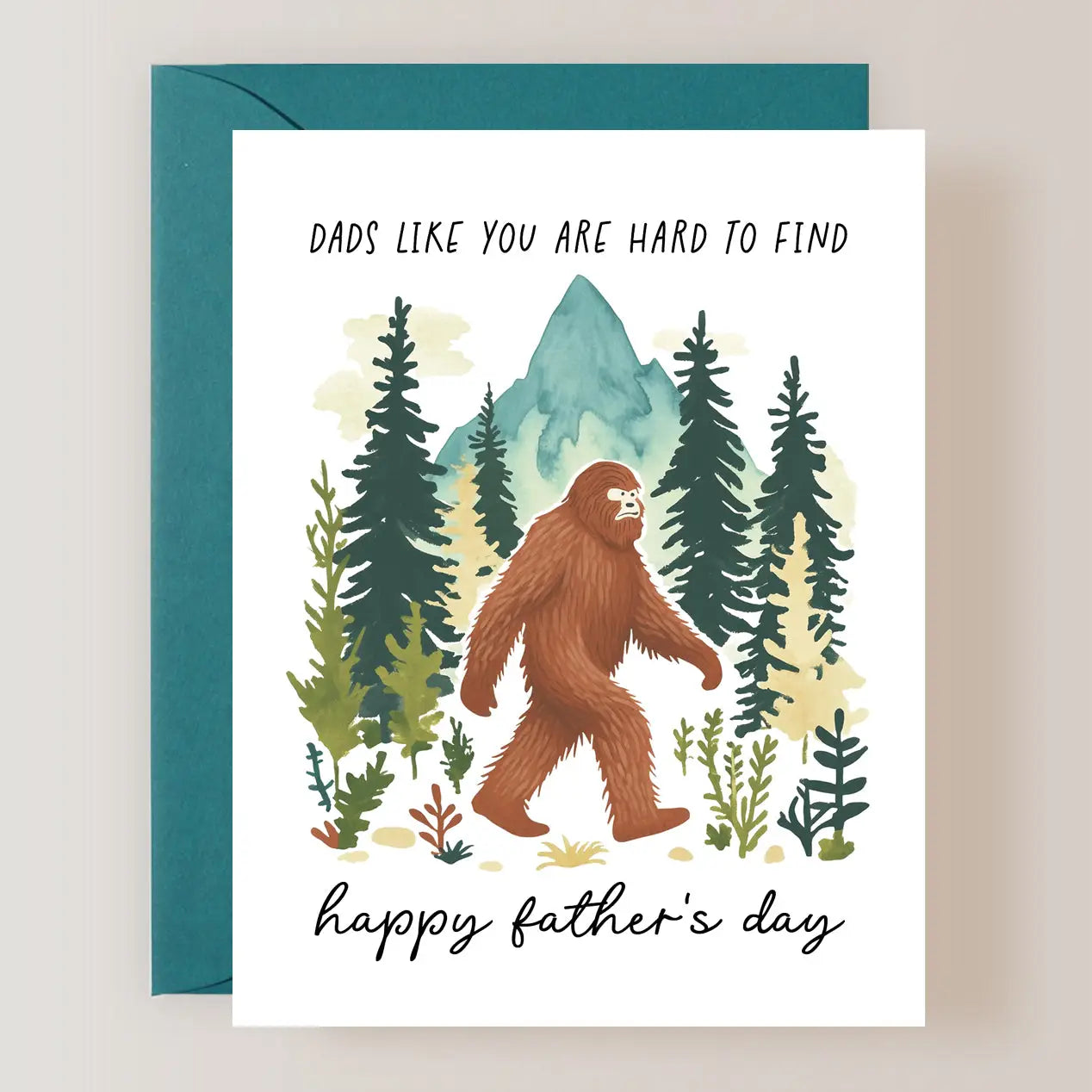 Bigfoot wandering through trees with a heartfelt Father's Day greeting, featured in the Father’s Day Card Collection by ARTISANS & agency.