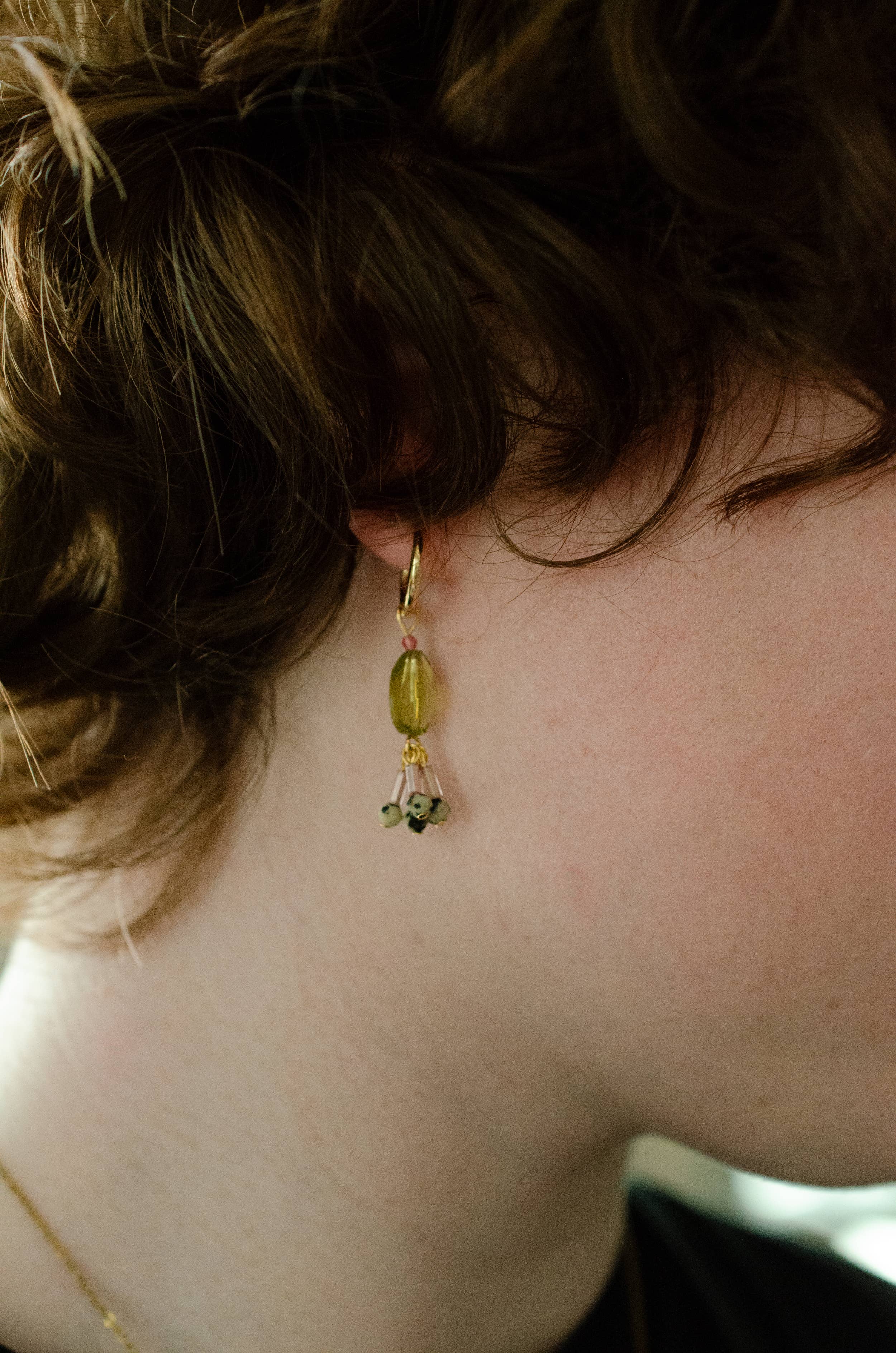 Green Quartz Gemstone Hoop Dangle Earrings