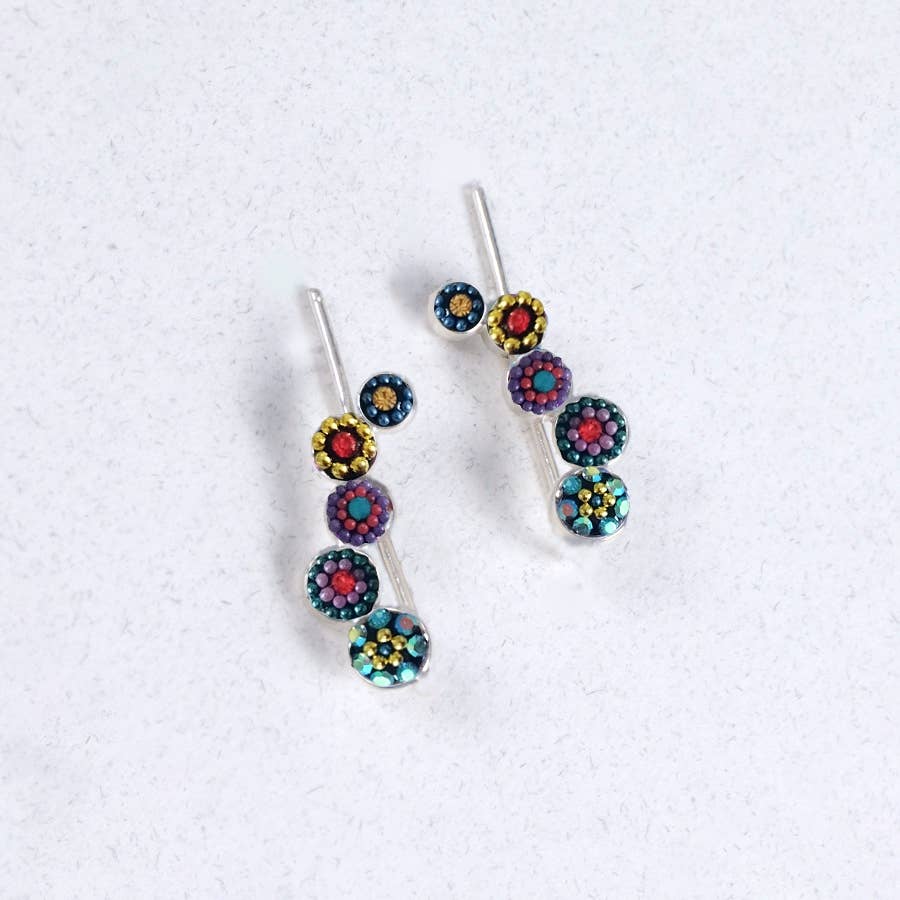 Colorful Falling Circles Earrings by Mosaico Jewels, showcasing red, blue, and yellow sparkling details on a silver design.