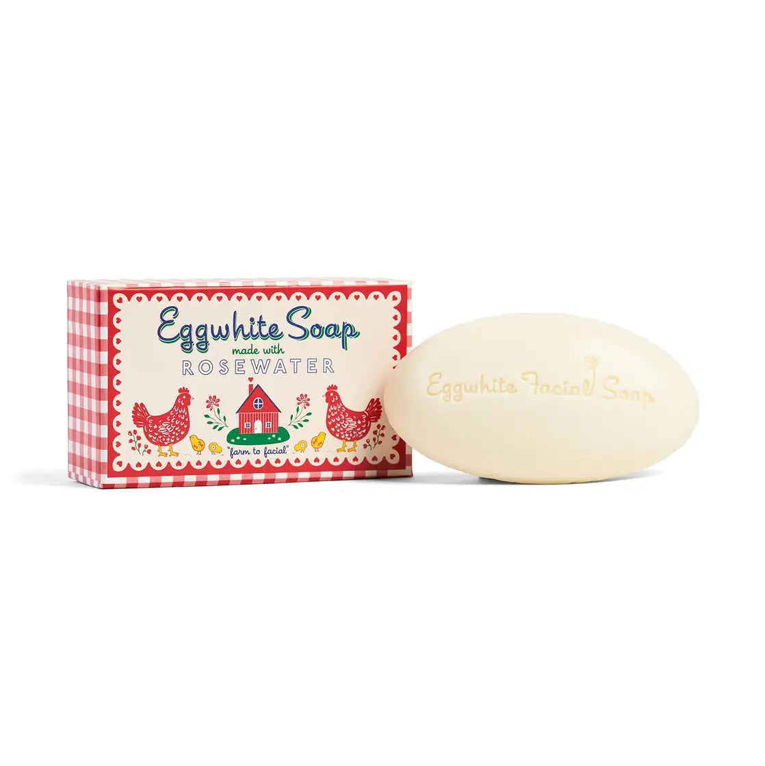Eggwhite Facial Soap made with Rosewater by Kalastyle Soap Co., displaying a white oval soap bar alongside bright red box adorned with charming farm motifs.