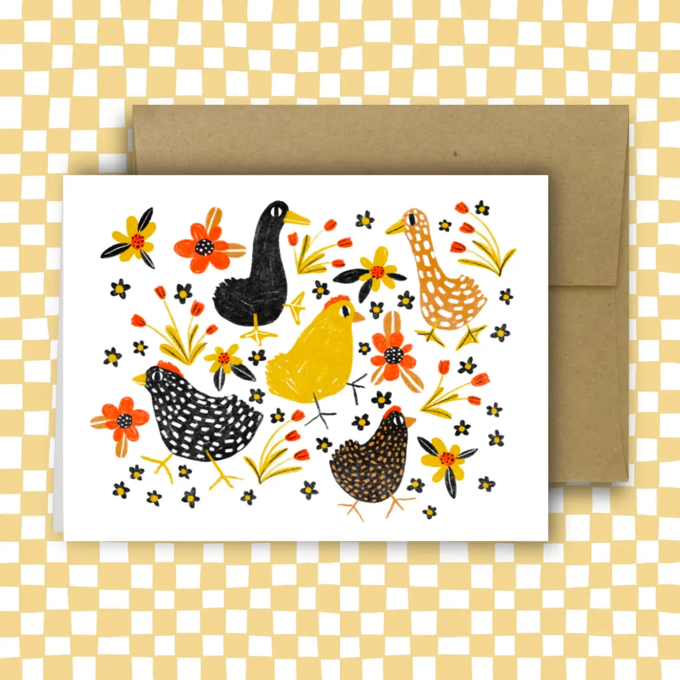 Greeting card with chickens and flowers on a checkered background