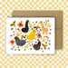 Greeting card with chickens and flowers on a checkered background
