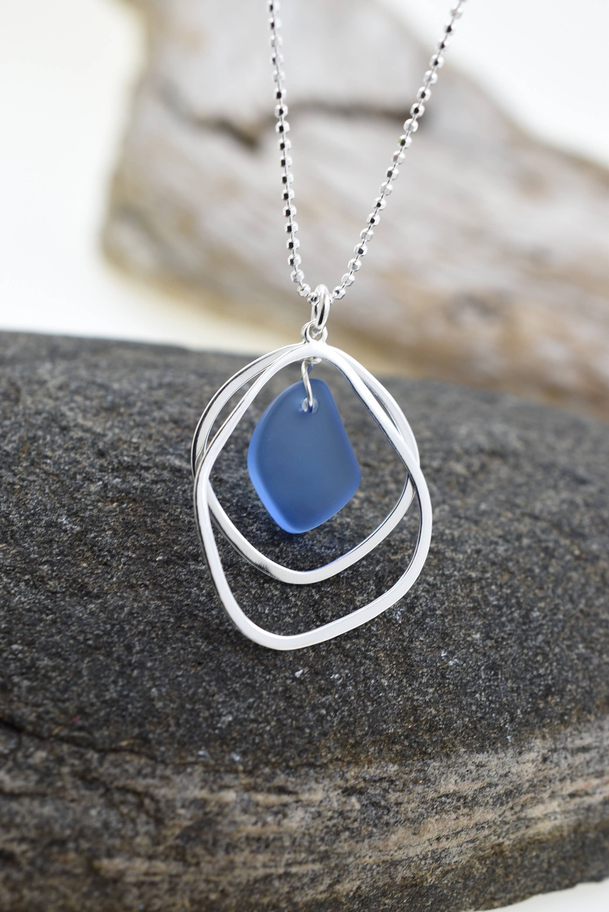 Organic double layer silver + glass pendant: 18 inch / PERWINKLE