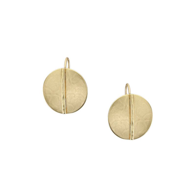 Small Medallion Wire Earrings featuring a lightly domed disc with a hammered wire design for a close fit to the ear in brass finish.