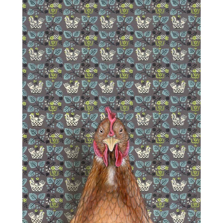 Artistic print of a chicken by Emily Uchytil, showcasing a detailed farm animal illustration with whimsical background patterns in soft colors.