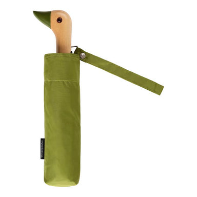 Original Duckhead Compact Umbrella in a green sleeve featuring a stylish birchwood handle, designed for easy portability.