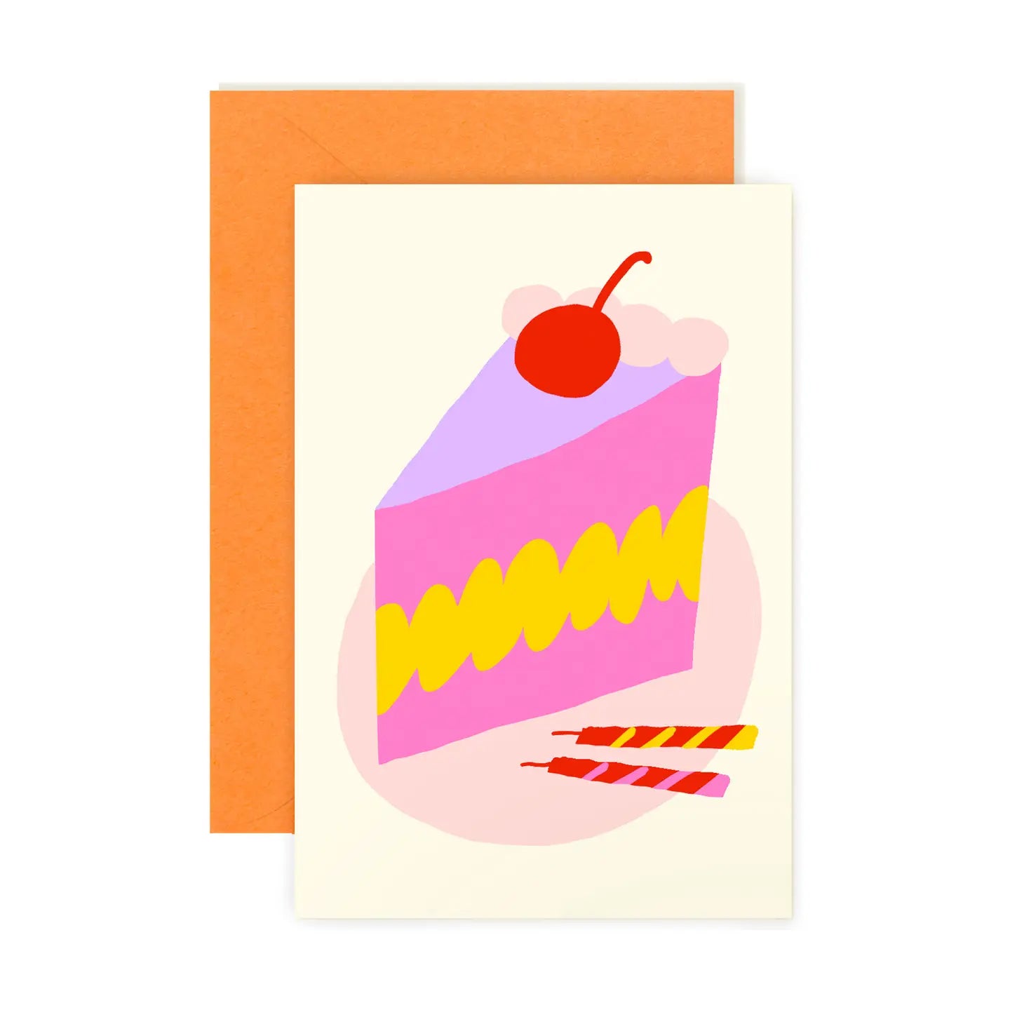 Playful mini note card depicting a pink slice of cake with a cherry on top, alongside colorful striped candles, paired with an orange envelope, from the Karen Schipper Mini Note Card Collection.
