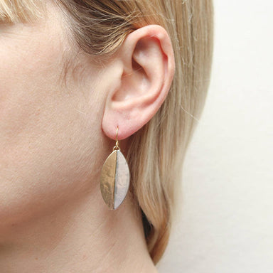Elegant Half and Half Thin Oval Wire Earrings by Marjorie Baer, featuring a hammered design in silver and brass, dimensions 0.6 inches x 1.3 inches.