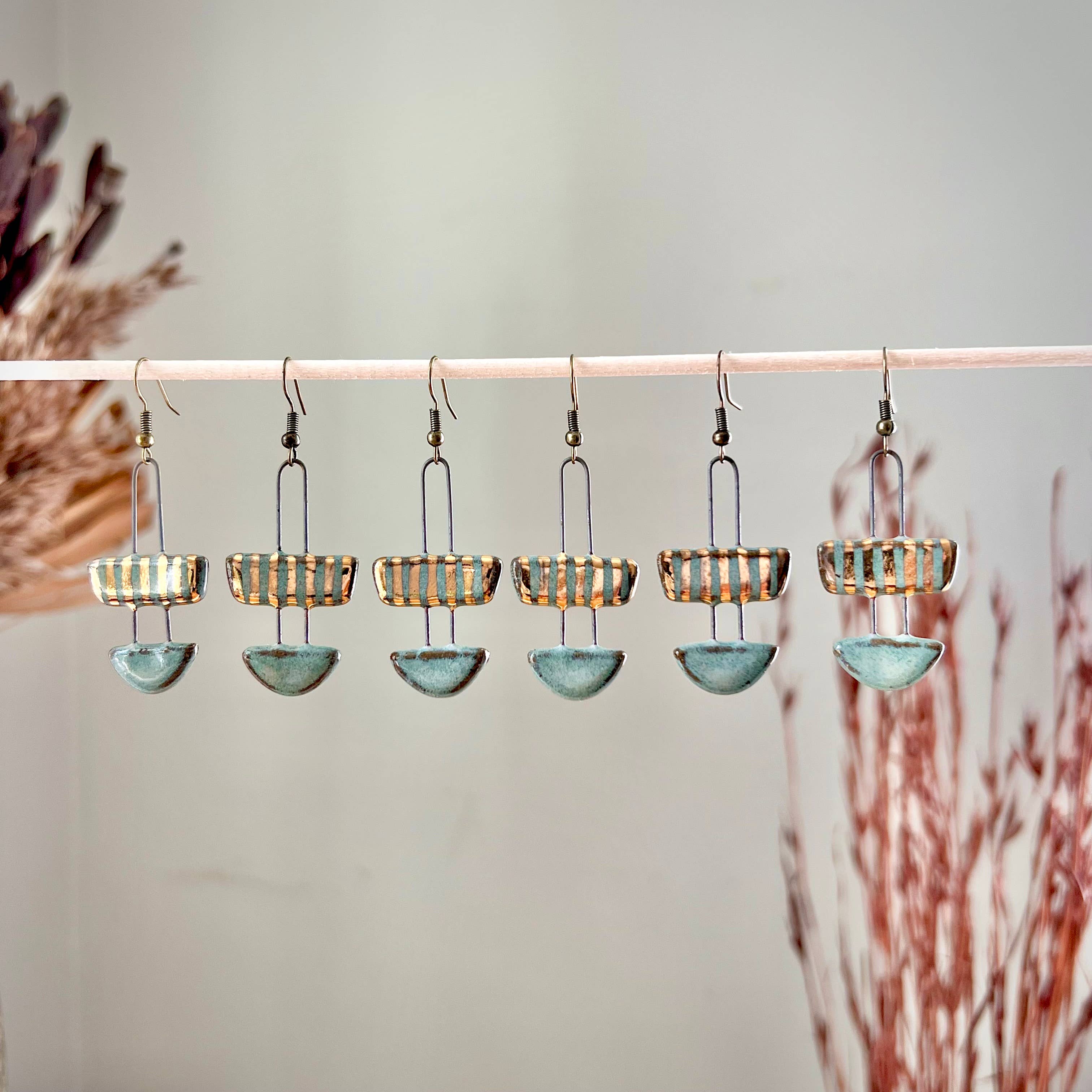 Turquoise Two Piece Striped Ceramic Clay Earrings