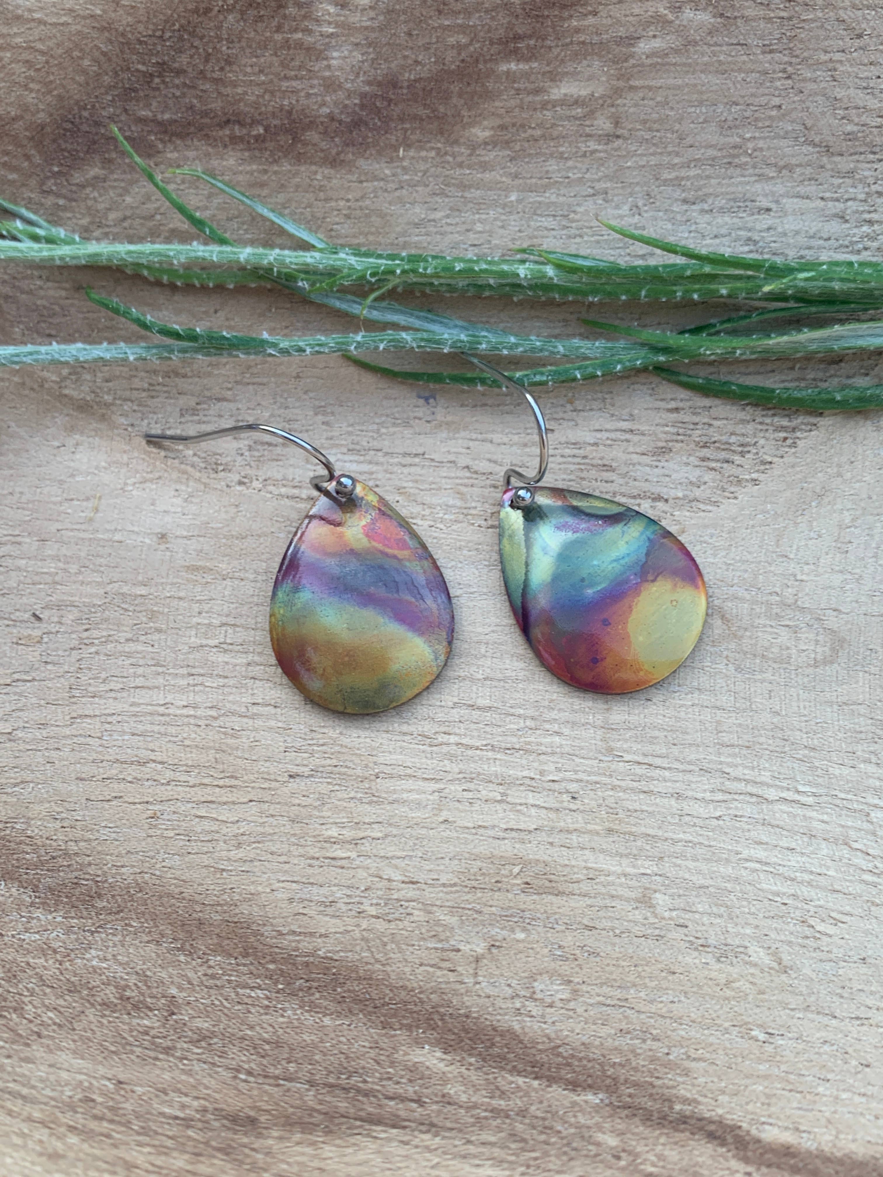 Small Teardrop Fire Painted Copper Earrings